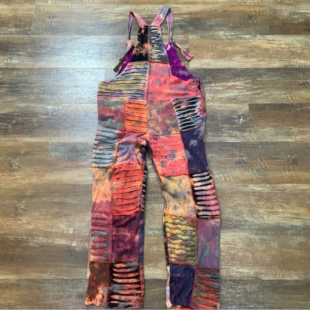 Tie Dye Razor Cut Patchwork Overalls Size OSFM - Picture 6 of 6